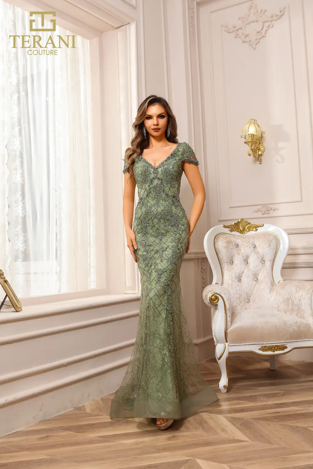 251GL4194 V-neck Trumpet Olive Lace Pageant Dress