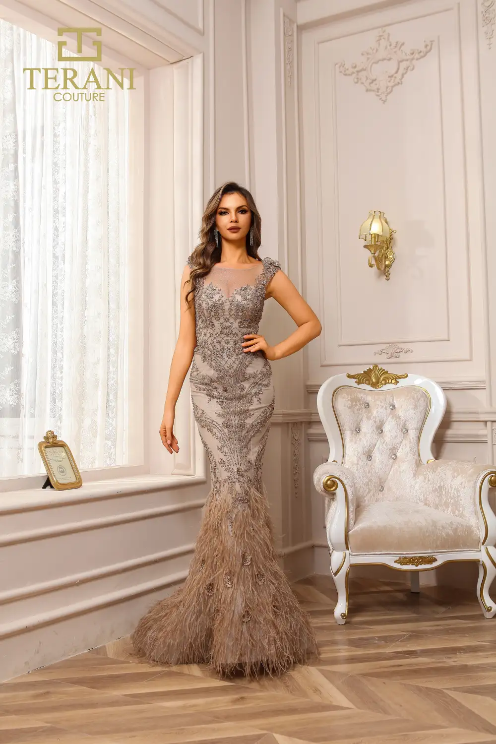 251GL4198 Trumpet sleeveless BEADED TULLE LONG Pageant Dress