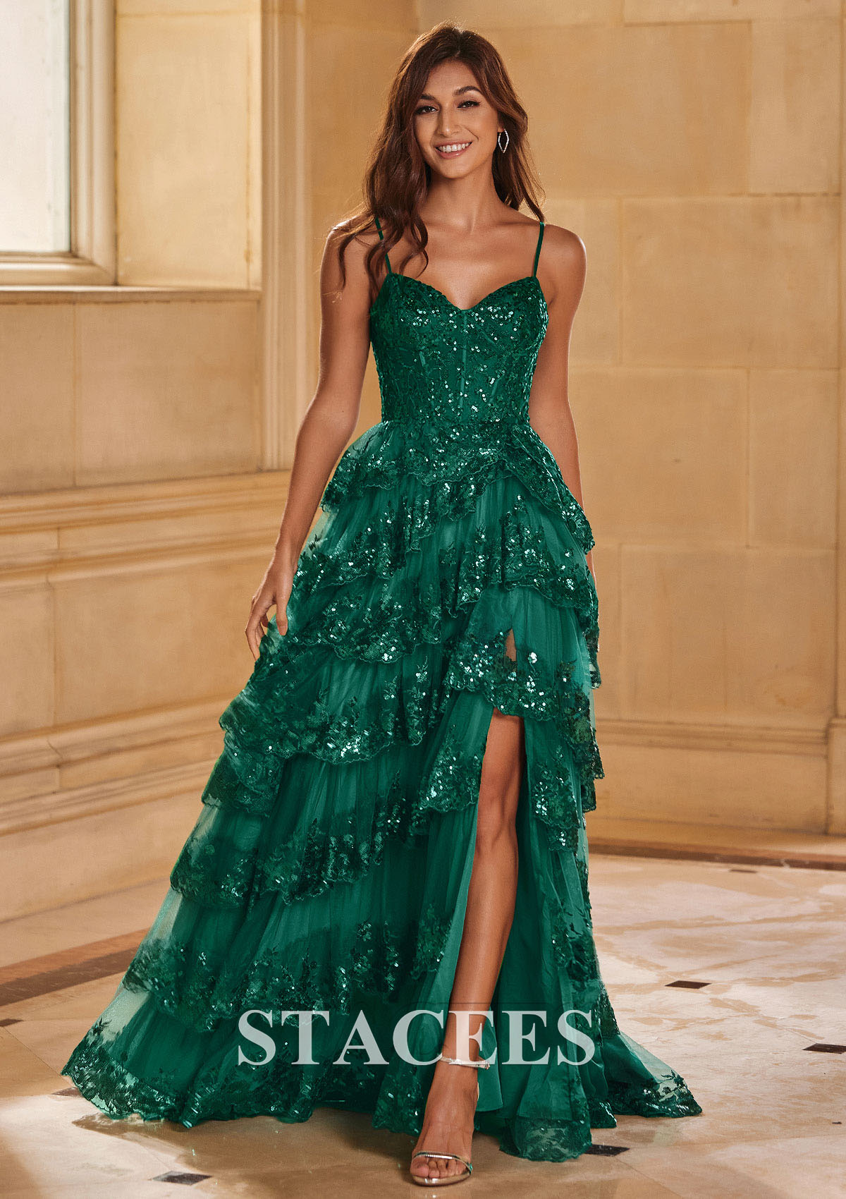 A-line Corset Tiered Ruffle Slit Sweep Train Prom Dress with