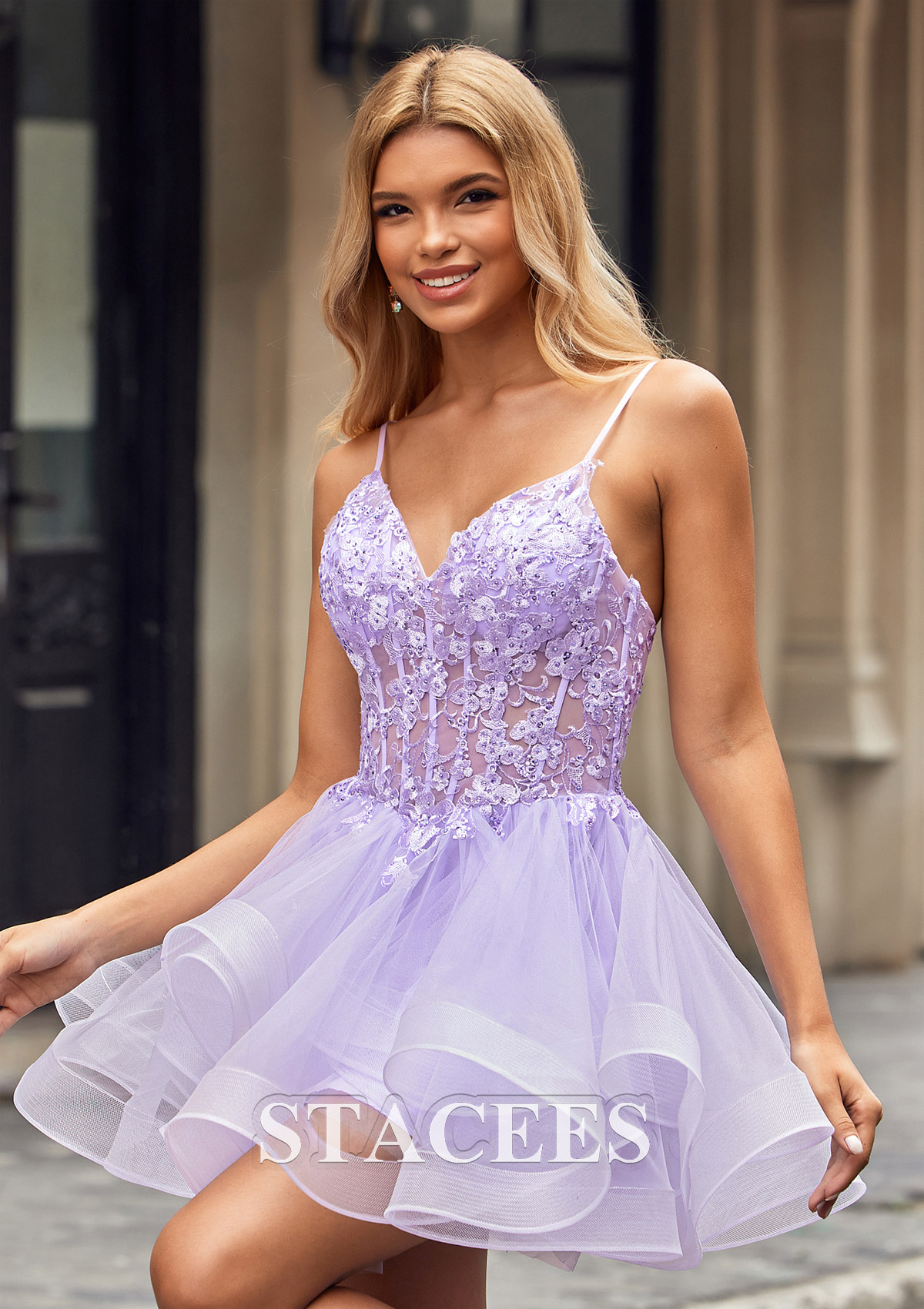 A-line V Neck Layered Homecoming Dress with Floral Corset S8013H ...