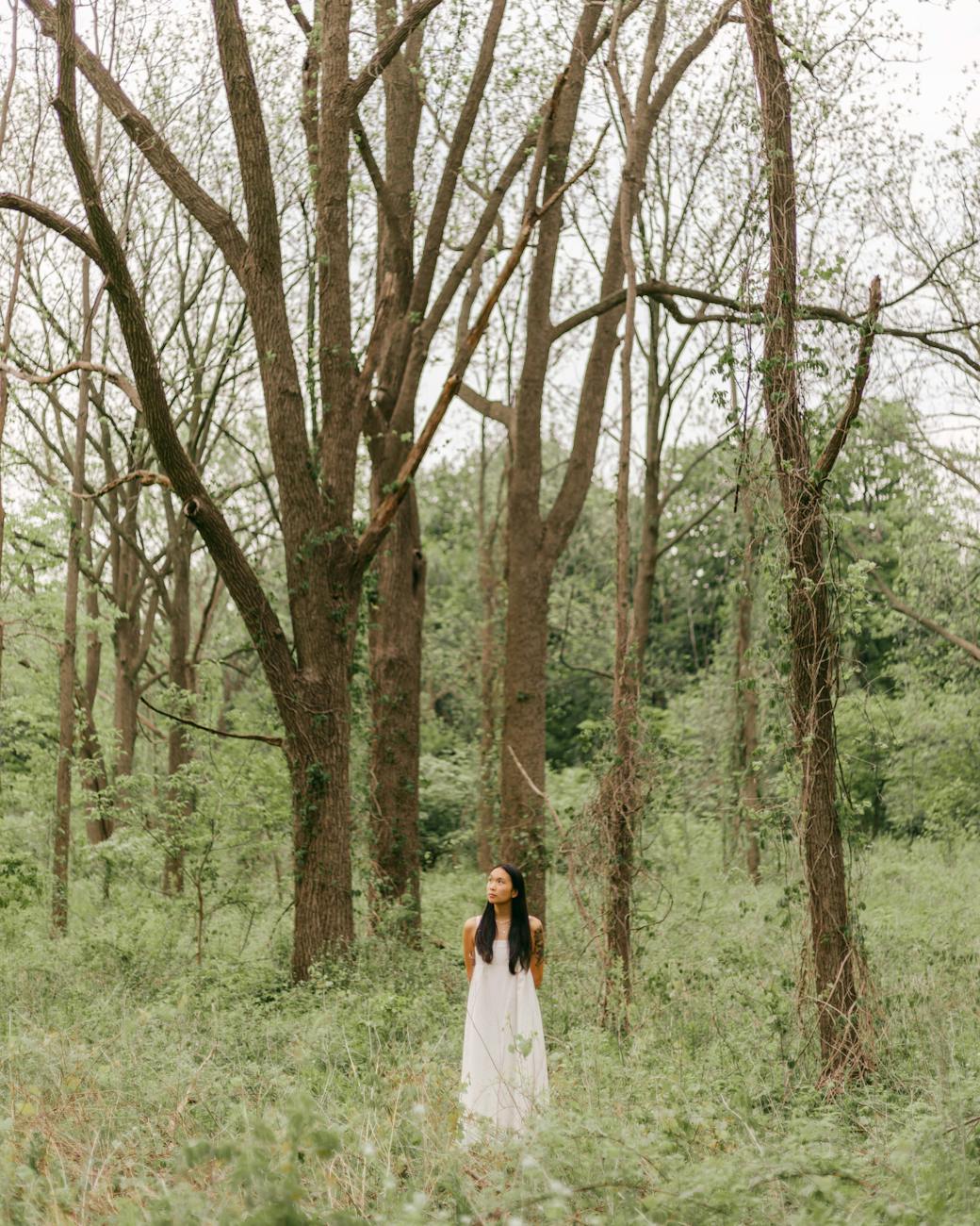 A serene scene of a woman in a white dress standing in a lush forest in Toronto. Perfect for nature and fashion themes.