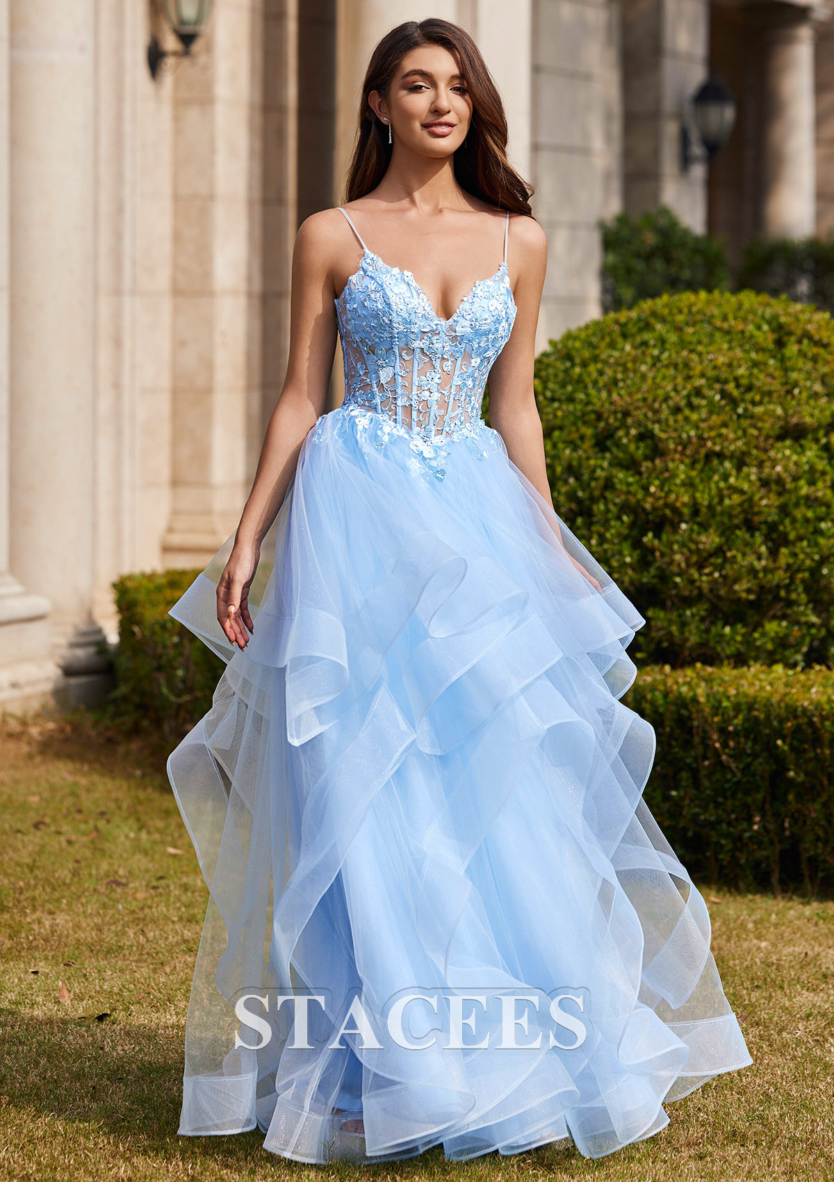 Ball Gown V Neck Sweep Train Tulle Prom Dress with Appliqued ...
