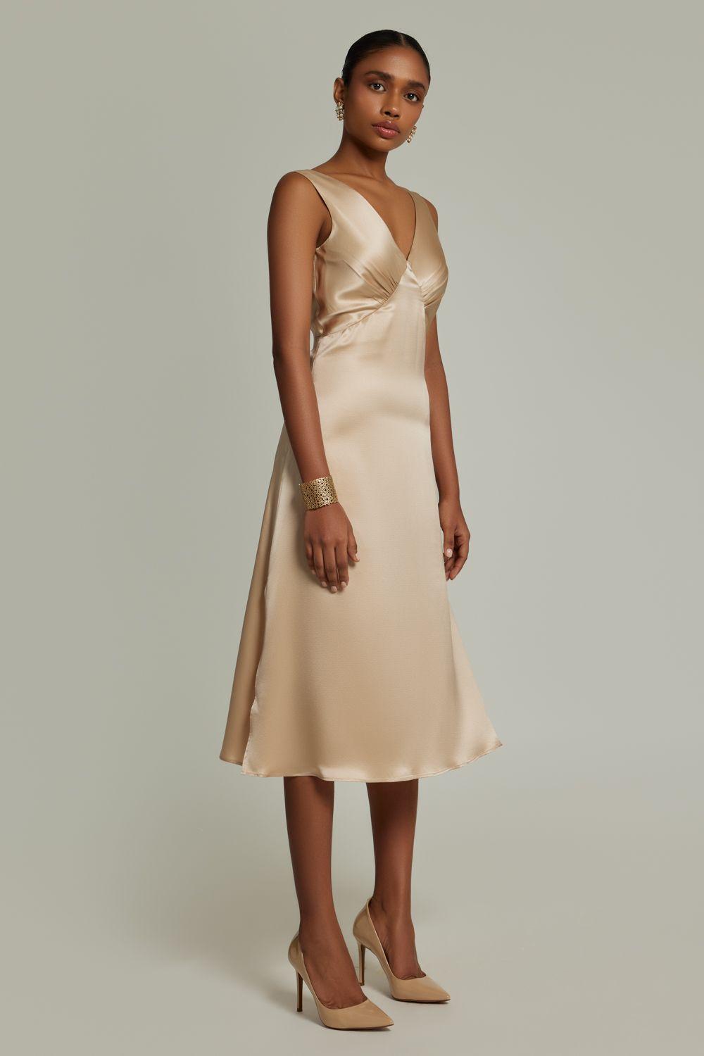 Buy Refined Revolution Soft Beige 100% silk charmeuse satin Dresses