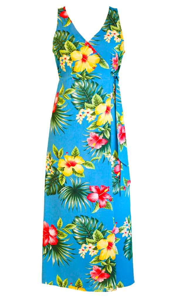 Hibiscus Bay Ladies Hawaiian V-Neck Faux Wrap Tea Length Dress in ...