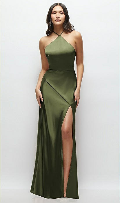 High Halter Tie-strap Open-back Satin Maxi Bridesmaid Dress In ...