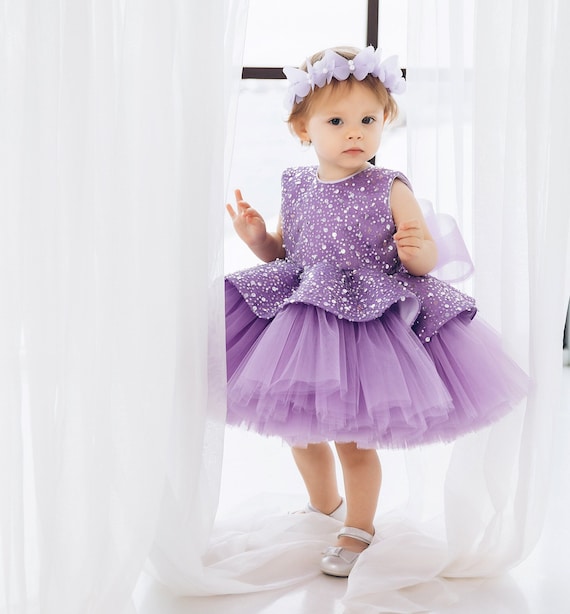 Lilac Purple First Birthday Dress, Sparkling Baby Dress, Sequined ...