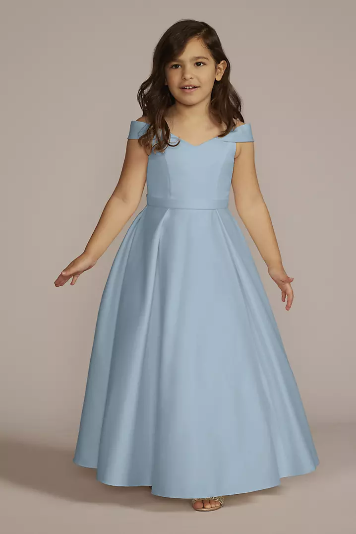 Satin Off-the-Shoulder Flower Girl Dress with Pock | David's Bridal
