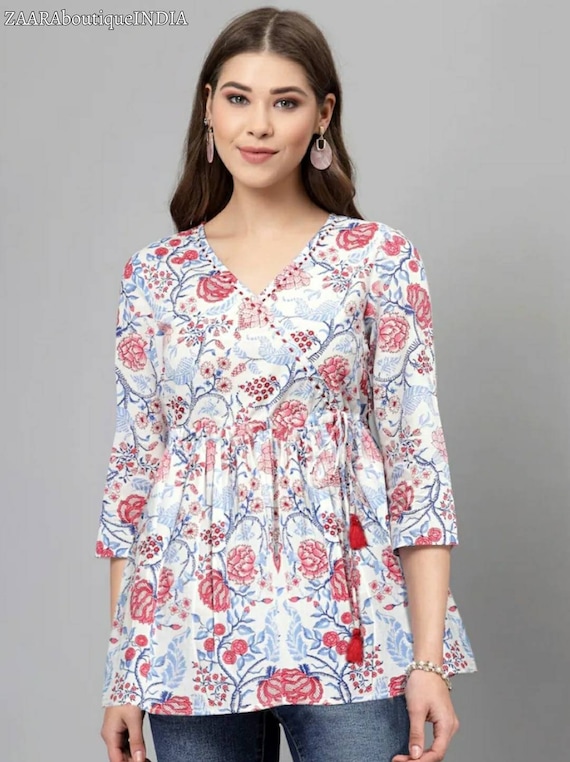 Tops for Women - Indian Ethnic Top - Red Floral Pure Cotton Kurti ...