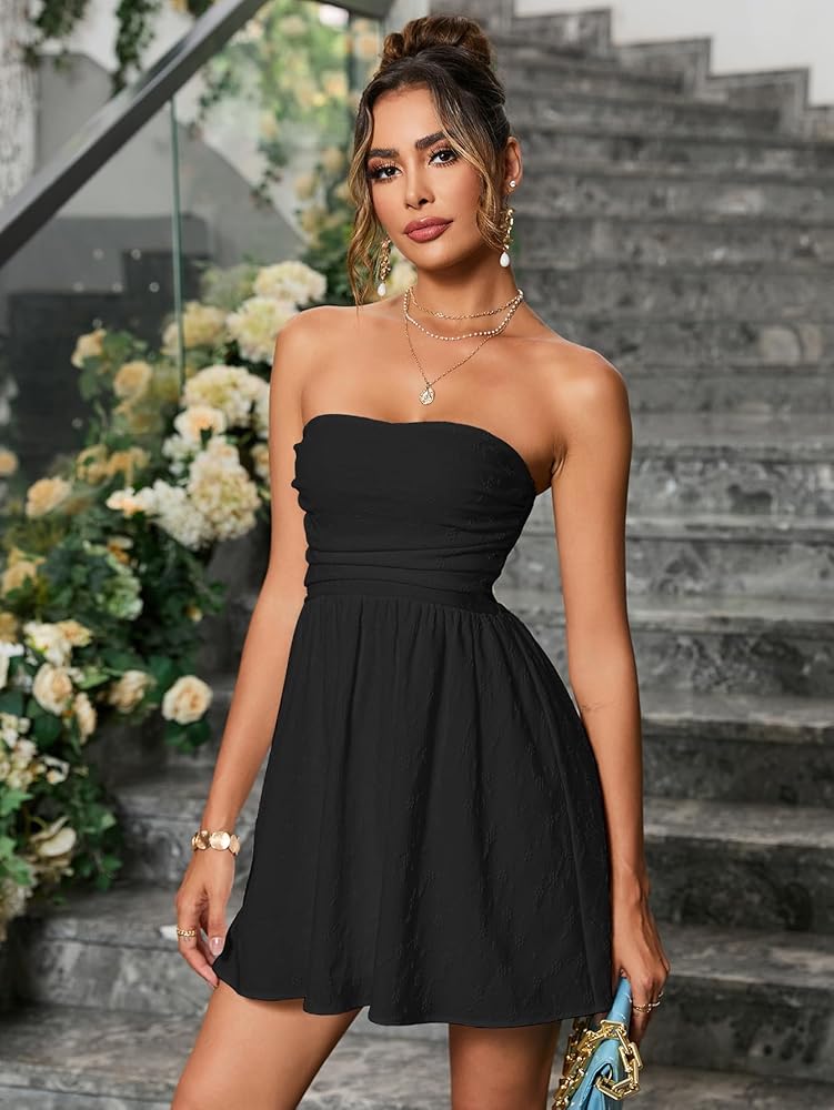 VKIHOC Summer Strapless Mini Dress Sleeveless Smocked Flowy A Line ...